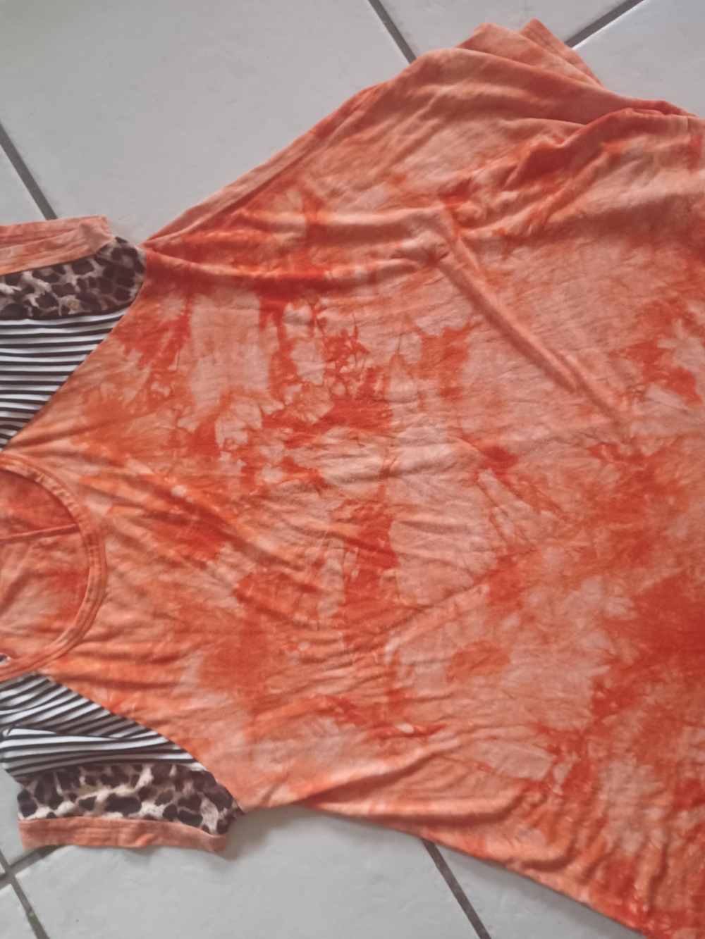 Orange Tie-Dye Short Sleeve Tee with Patterned Sleeve Accents